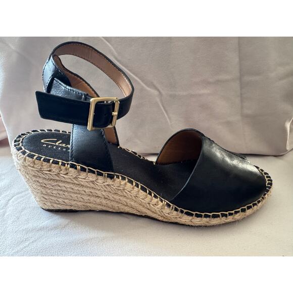 Clarks Artisan Black Leather Espadrille Wedge Sandals Women’s 7M\ - Picture 3 of 7